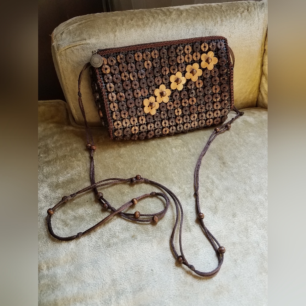 Handmade Brown Floral Beaded Crossbody Bag